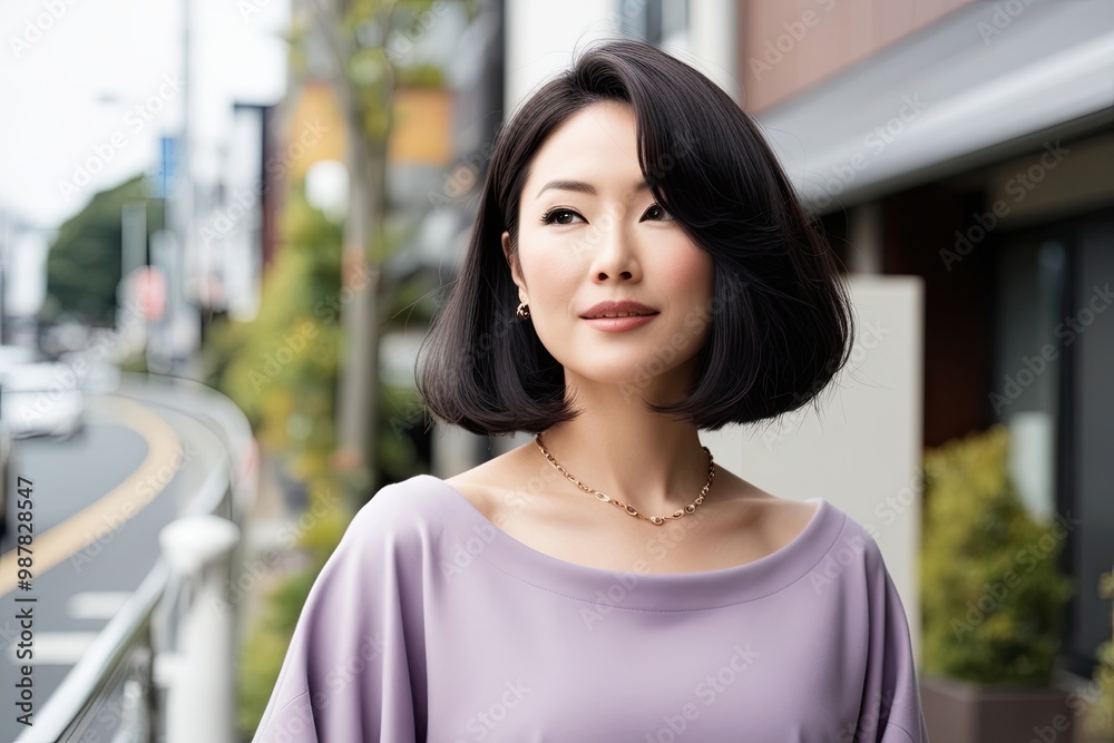 Beautiful Japanese Woman in Soft Lavender Top with Bouncy Dark Bob Hair and Elegant Charm Beautiful Japanese Woman in Soft Lavender Top with Bouncy Dark Bob Hair and Elegant Charm