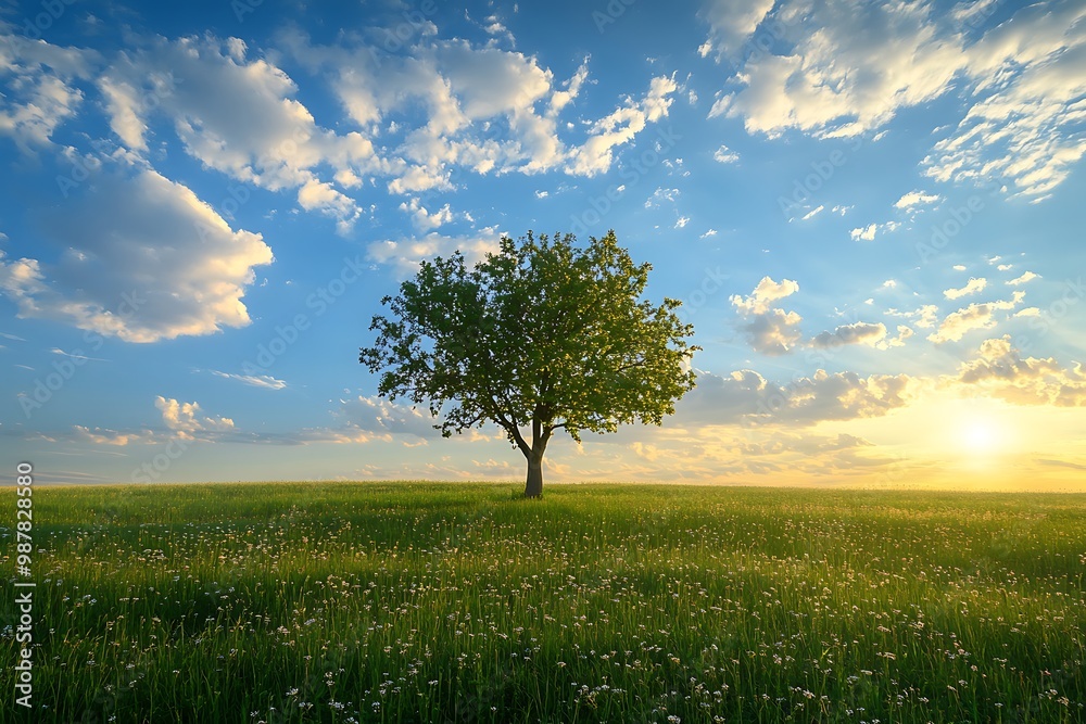 Obraz premium Lonely Tree in a Field at Sunset with Dramatic Sky