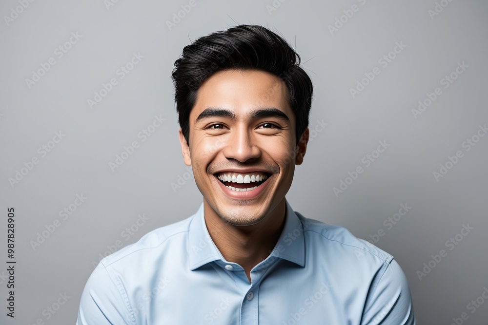 Charming Young Hispanic Male Actor Smiling Brightly with Radiant White Teeth on Light Gray Background for Marketing Use Charming Young Hispanic Male Actor Smiling Brightly with Radiant White Teeth on Light Gray Background for Marketing Use