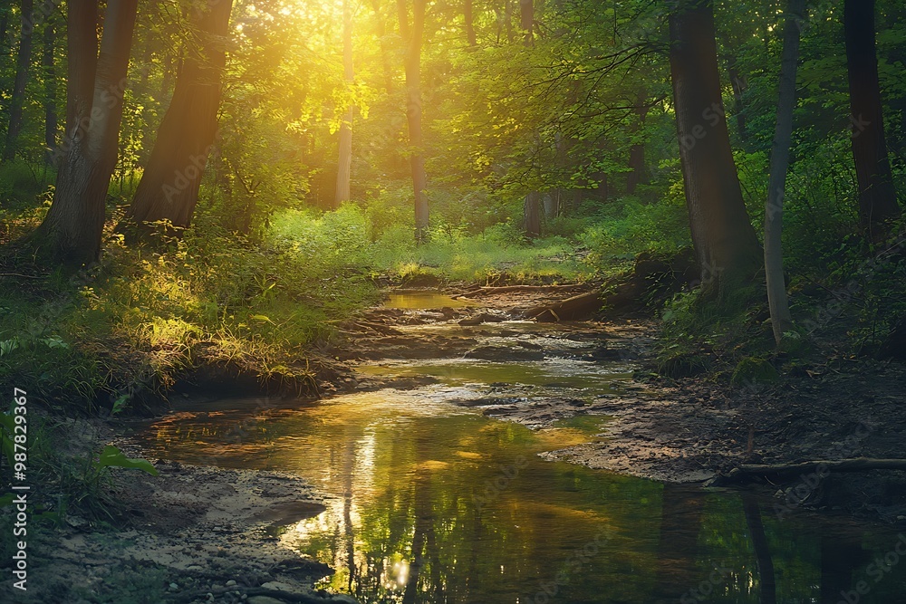 Obraz premium Sunlight shining through the trees in a green forest with a creek and water reflections