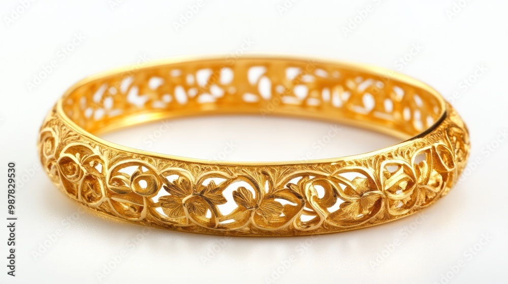 A delicate golden bangle with intricate floral designs, showcasing craftsmanship and elegance. A delicate golden bangle with intricate floral designs, showcasing craftsmanship and elegance.