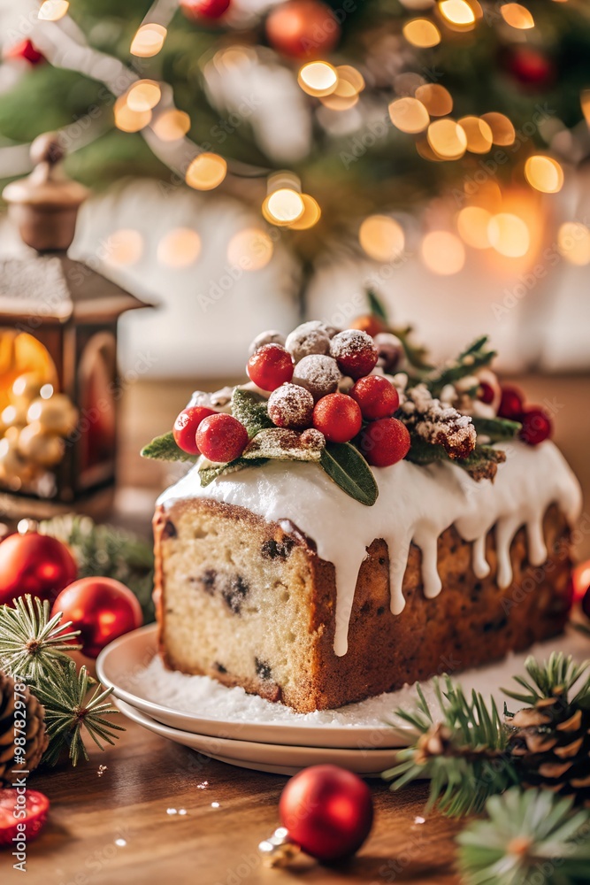 Christmas cake on the table with berries and garlands, on a wooden table with New Year's decorations, menu recipe Christmas cake on the table with berries and garlands, on a wooden table with New Year's decorations, menu recipe