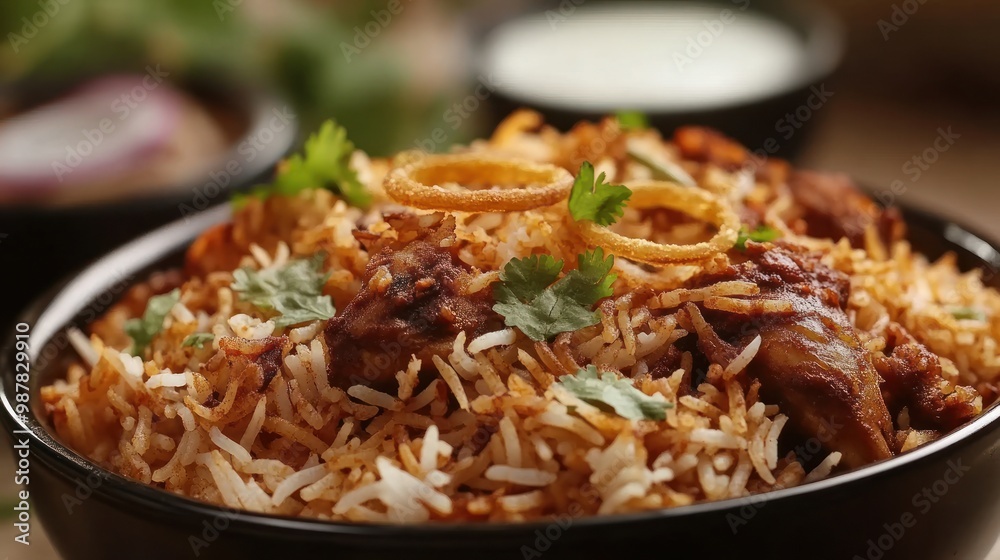 A close-up of flavorful biryani topped with herbs and fried onions in a bowl.