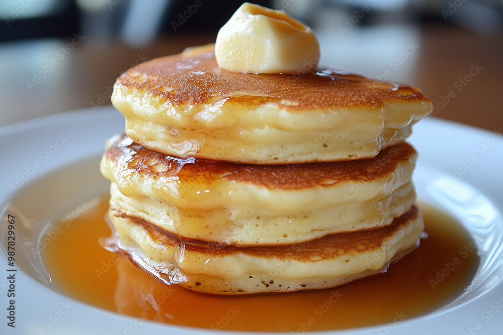 Fluffy pancakes drizzled with syrup and topped with butter, served on a sunny breakfast table Fluffy pancakes drizzled with syrup and topped with butter, served on a sunny breakfast table