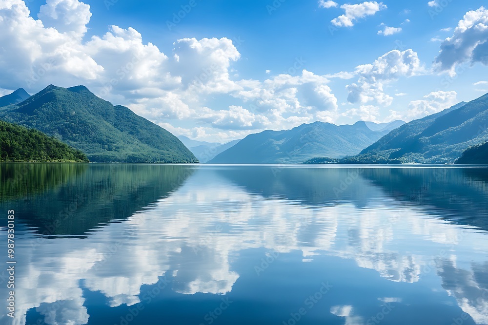Tranquil Mountain Lake with Blue Sky and White Clouds Reflection Tranquil Mountain Lake with Blue Sky and White Clouds Reflection