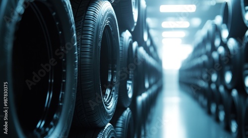 A warehouse filled with stacked tires, showcasing an organized storage space for automotive products.