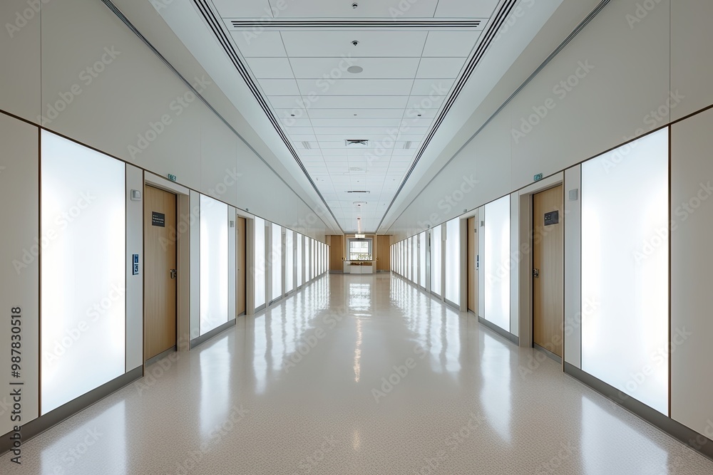 Obraz premium Illuminated Medical Corridor Featuring Bright White Surfaces and Abundant Natural Light