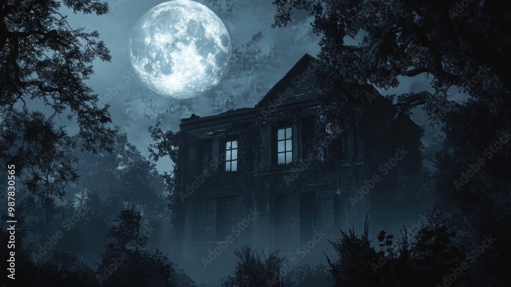Haunted house in the moonlight with gnarled trees, dim windows, and misty surroundings for a terrifying Halloween setting Haunted house in the moonlight with gnarled trees, dim windows, and misty surroundings for a terrifying Halloween setting