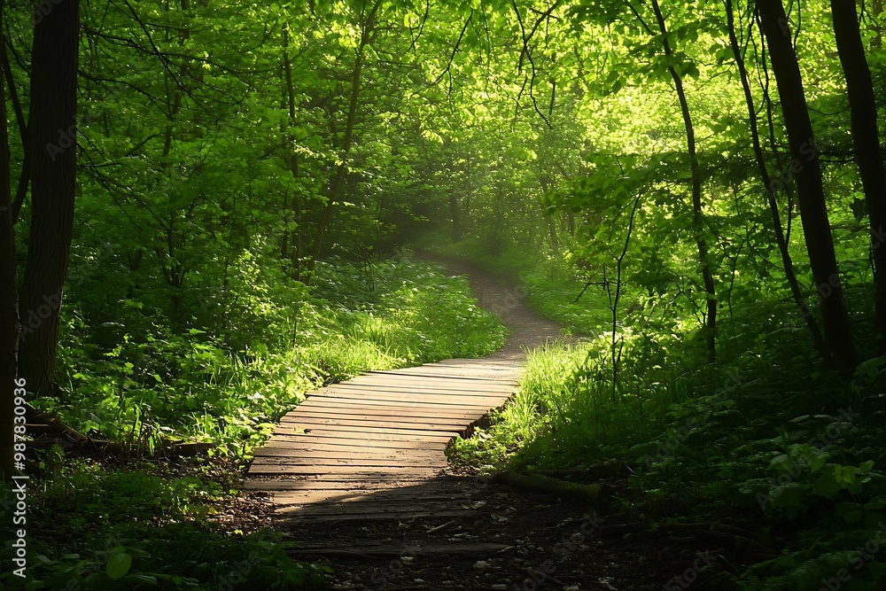 Obraz premium Wooden path through green forest in summer. Nature landscape, sunlight, trees, path, leaves, travel, outdoor adventure, hiking, scenic, idyllic