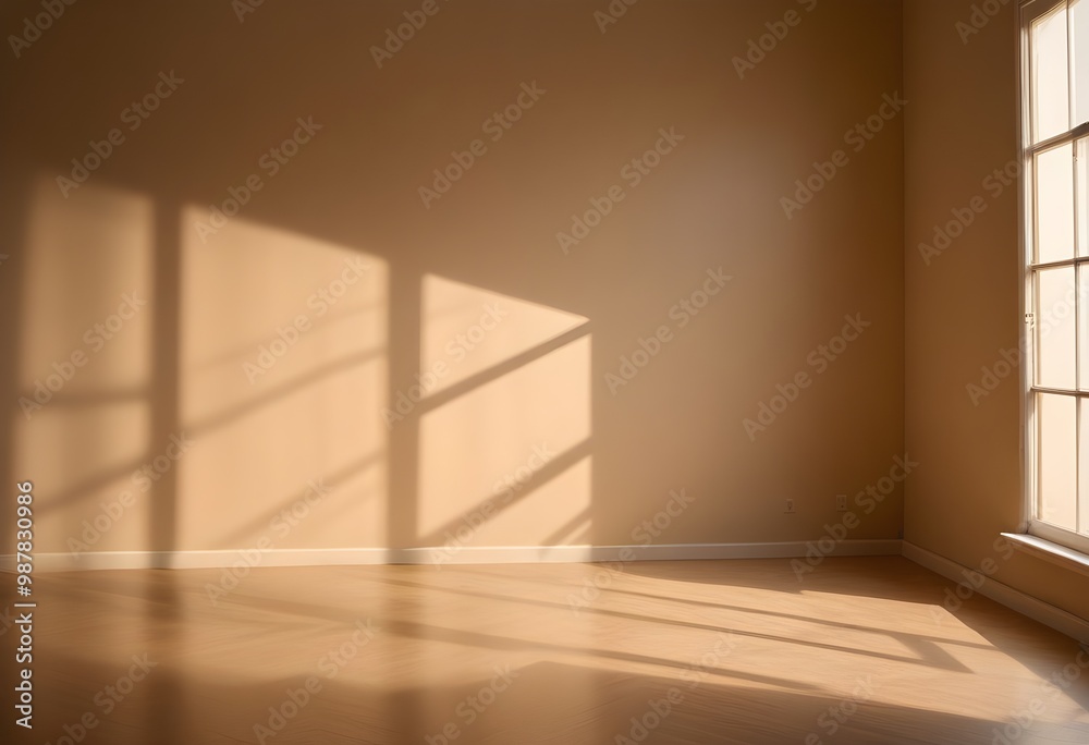 Empty room with warm lighting from a window , casting shadows on the wall