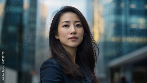 Confident Asian businesswoman poses against a modern city skyline on a sunny afternoon