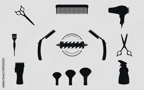 Set of black silhouettes of barber tools. Vector on a gray background