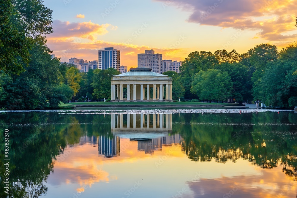 Sunset reflection in lake with white building and cityscape in background Sunset reflection in lake with white building and cityscape in background