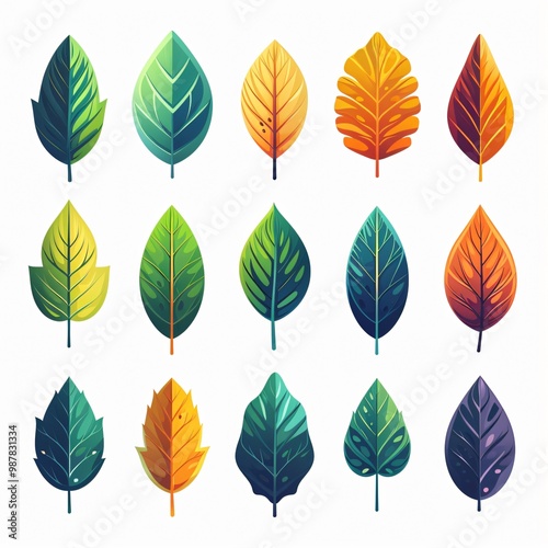 Set of 18 colorful cartoon leaves isolated on white.