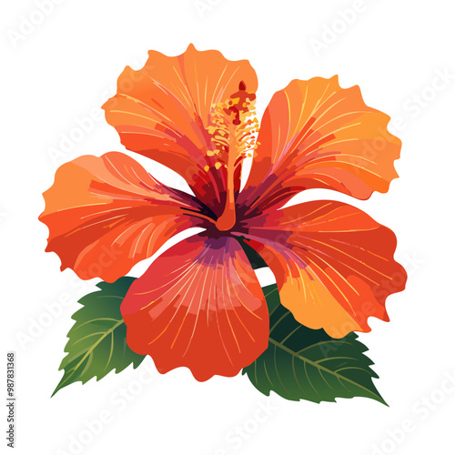 A hibiscus flower, red and orange, intricate and detailed vector art illustration design