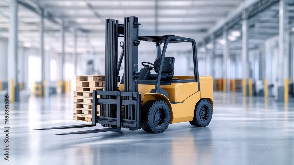 Yellow Forklift with Pallet in Warehouse Yellow Forklift with Pallet in Warehouse