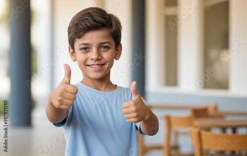 Niño sonriente haciendo un gesto de aprobación en luz natural photo