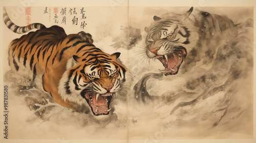 Traditional Japanese ink painting of two tigers in a dynamic and fierce confrontation