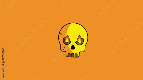 Yellow skull animation with fiery eyeson orange background, spooky Halloween design, horrorthemed graphic, piratethemed projects, tattoo designs, rock or metal band merchandise. 4k alpha channel. photo