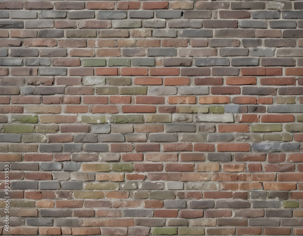 An old, weathered brick wall with a variety of gray, brown, and green tones An old, weathered brick wall with a variety of gray, brown, and green tones