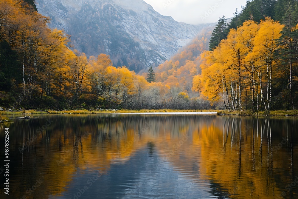 Tranquil Autumn Landscape with Mountain Lake and Golden Trees Reflecting in Still Water Tranquil Autumn Landscape with Mountain Lake and Golden Trees Reflecting in Still Water