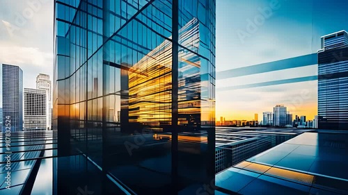 Modern city skyline with glass skyscrapers reflecting the sunset, showcasing urban architecture, innovation, and contemporary design.

 photo