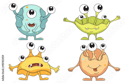 A set of four round colourful monsters. Funny cartoon aliens. Cute fairy tale character. Funny microbe.