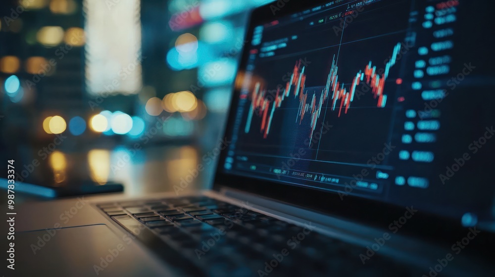 A laptop displaying a stock market chart with vibrant data trends in a city setting. A laptop displaying a stock market chart with vibrant data trends in a city setting.