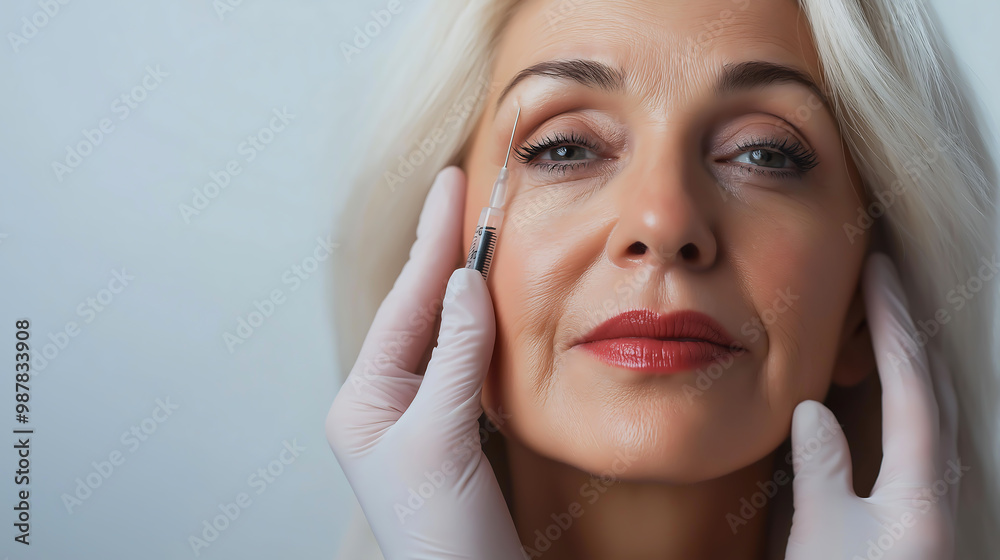 Senior woman getting injection on face for charming aged, receiving filler injection. Cosmetic surgery Senior woman getting injection on face for charming aged, receiving filler injection. Cosmetic surgery