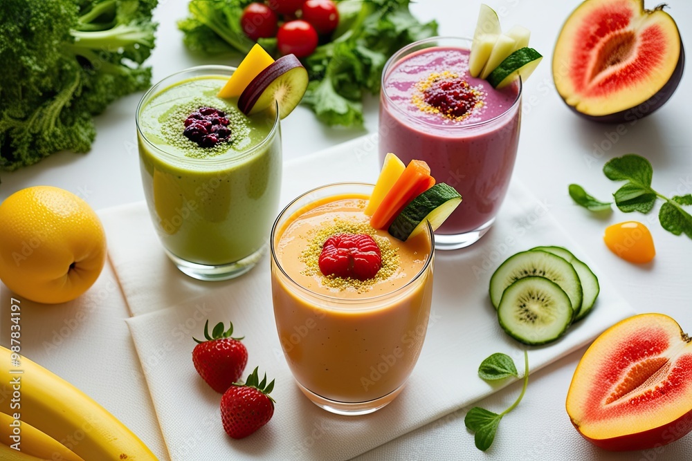 Artisan Fruit and Vegetable Smoothie with Fresh Garnishes for Refreshing Summer Flavor Variety