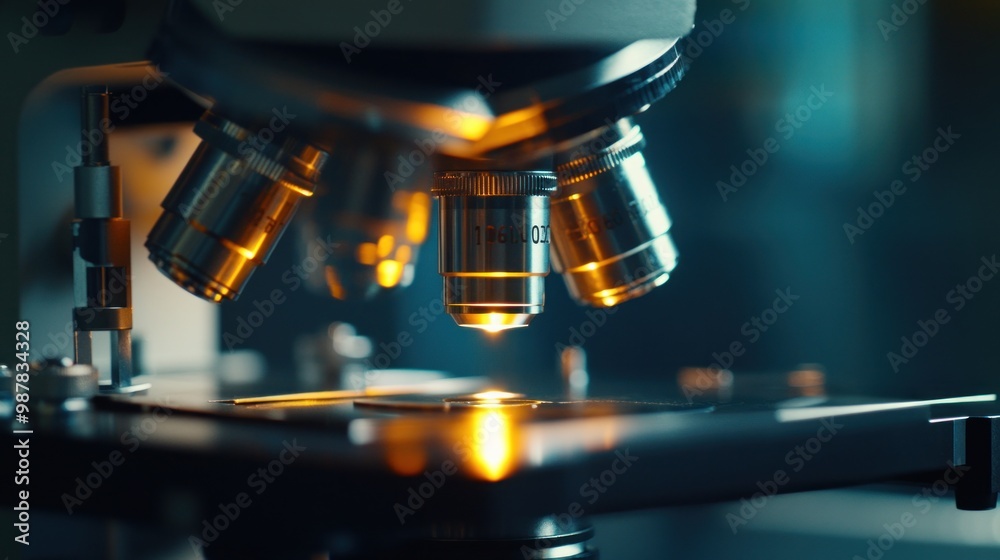 Close-up of a microscope, highlighting its lenses and stage for scientific examination. Close-up of a microscope, highlighting its lenses and stage for scientific examination.
