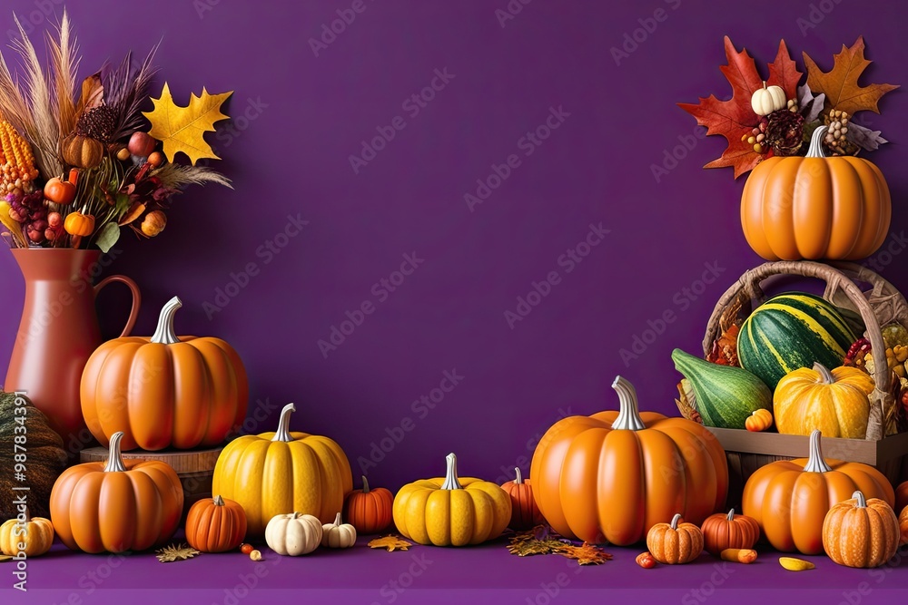 Vibrant 3D Pumpkins and Fall Harvest on Striking Purple Background for Thanksgiving Festivities Vibrant 3D Pumpkins and Fall Harvest on Striking Purple Background for Thanksgiving Festivities