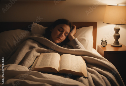 Mujer durmiendo en su cama luedo de leer un libro con luz suave en la noche photo