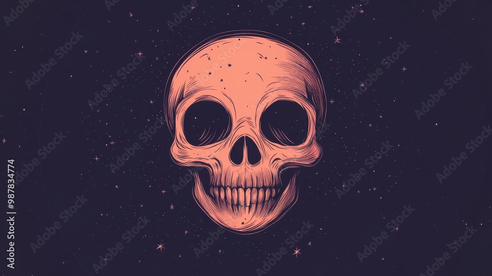 Flat illustration of a skull with bold lines and exaggerated features, set against a dark background with stars and swirls