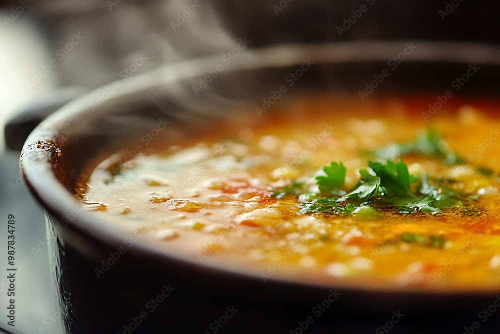Steaming hot bowl of soup with garnish on dark background Steaming hot bowl of soup with garnish on dark background