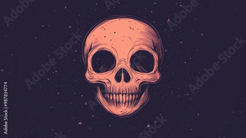 Flat illustration of a skull with bold lines and exaggerated features, set against a dark background with stars and swirls