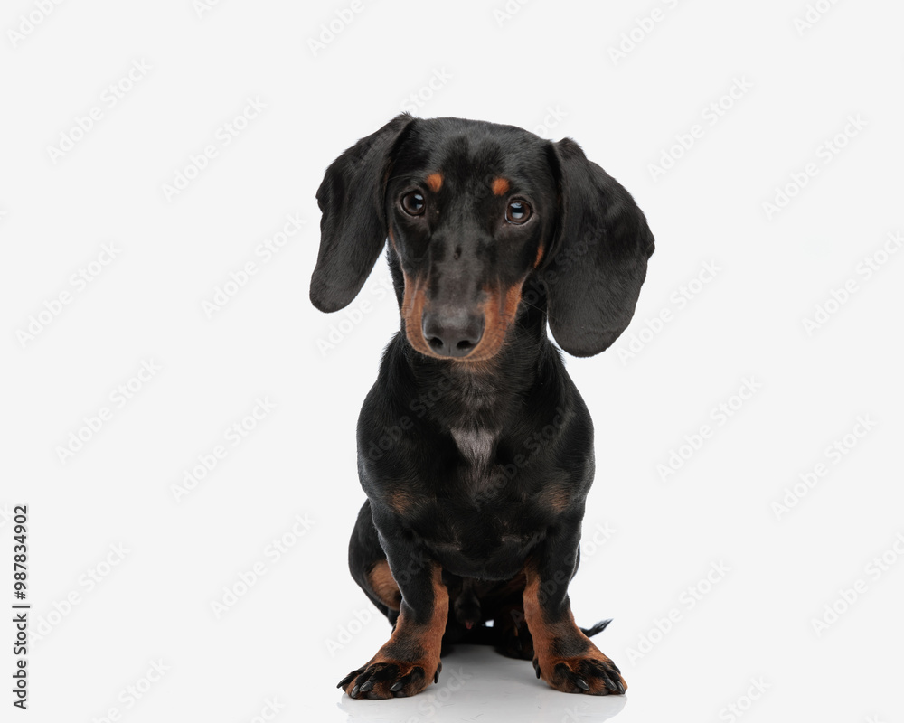 timid little teckel dachshund dog looking at camera and sitting timid little teckel dachshund dog looking at camera and sitting