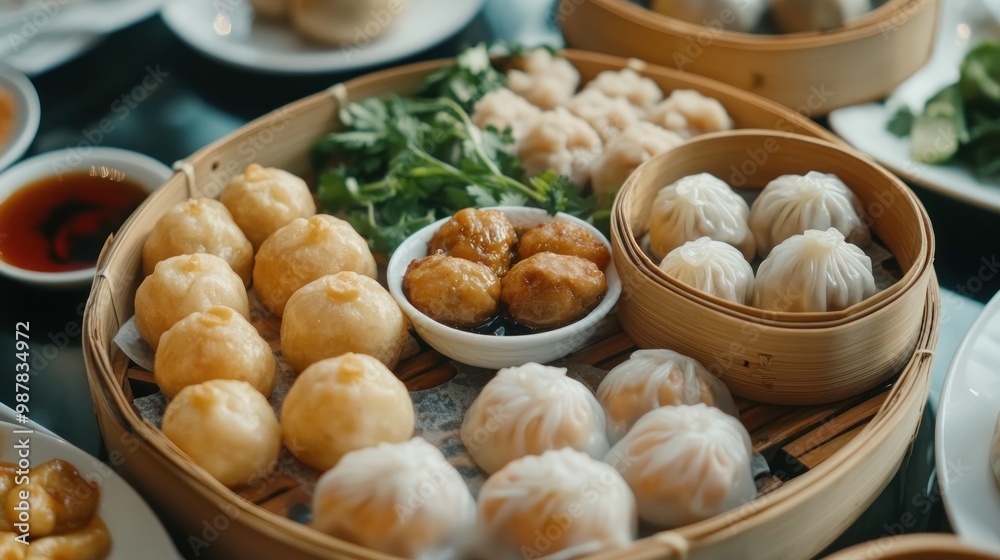 A bamboo steamer filled with various dumplings and garnishes, showcasing a delicious meal. A bamboo steamer filled with various dumplings and garnishes, showcasing a delicious meal.