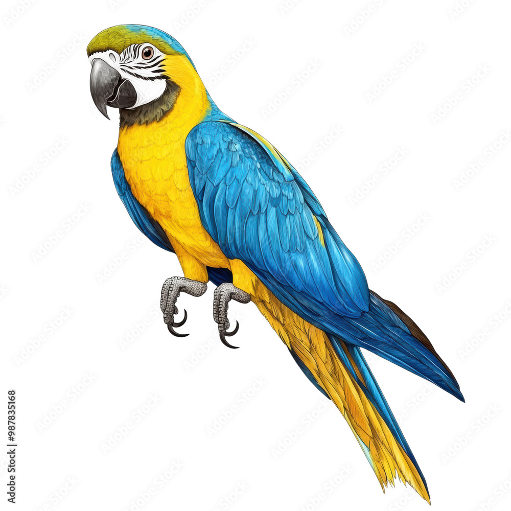 Fototapeta premium Colorful parrot with blue and yellow feathers, isolated on a transparent background