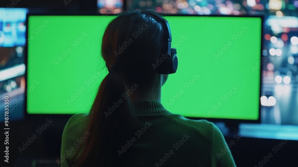 A person with headphones sits in front of a green screen, possibly for video editing or streaming. A person with headphones sits in front of a green screen, possibly for video editing or streaming.