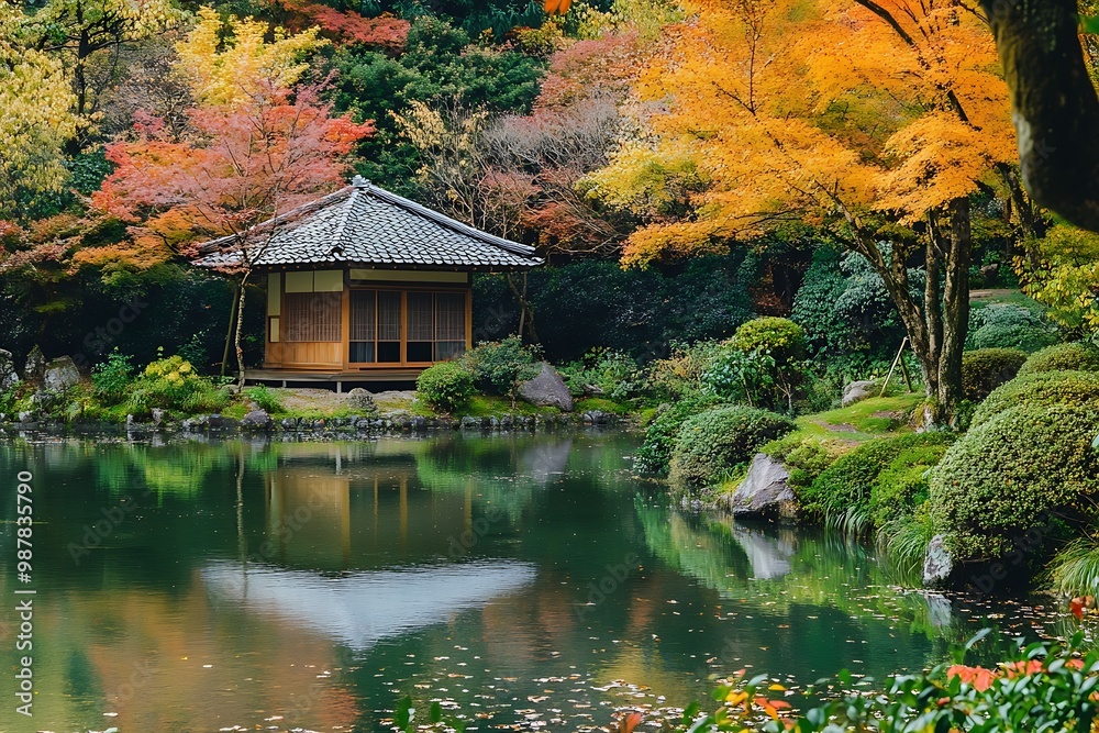 Traditional Japanese Garden with Autumn foliage and a pond Traditional Japanese Garden with Autumn foliage and a pond