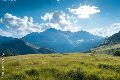 Beautiful Meadow Landscape With Mountain Range And Blue Sky With Clouds