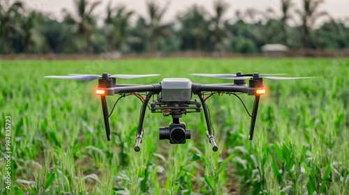 Soil testing drones flying over a large, diverse farm, data stream overlay on farmland, [drone soil analysis], [precision agriculture]