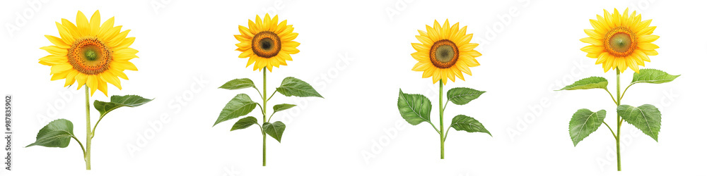 Obraz premium Four vibrant sunflowers with green leaves, isolated on a transparent background