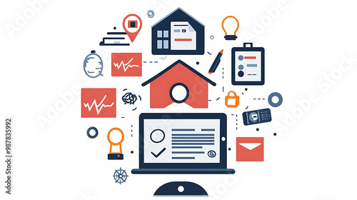 An illustration depicting a laptop surrounded by icons related to home security and automation.