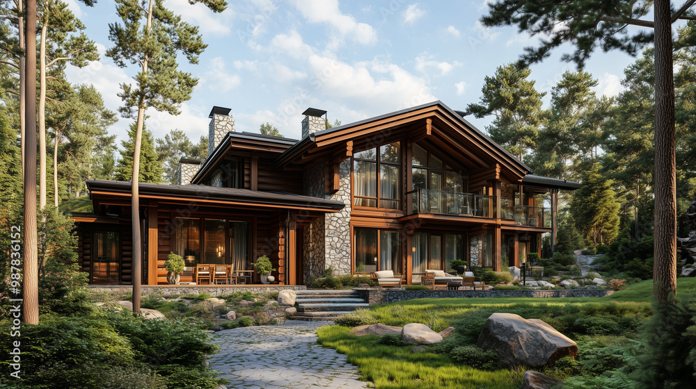 Modern wooden cabin in a forest surrounded by greenery and trees Modern wooden cabin in a forest surrounded by greenery and trees