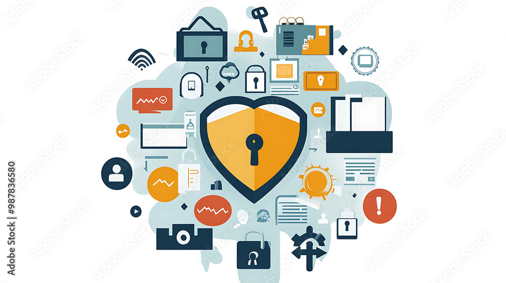 Cyber security illustration featuring a heart shaped shield, a key and various technology icons. Cyber security illustration featuring a heart shaped shield, a key and various technology icons.