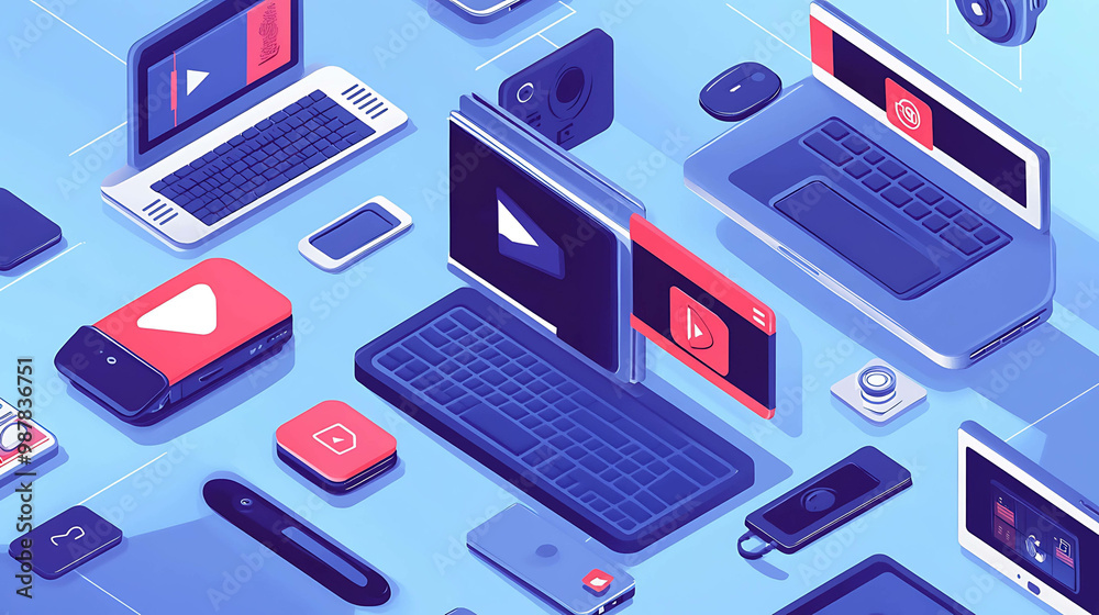 A multi-device, isometric, illustration with a blue background and a playful pink and red video play icon. A multi-device, isometric, illustration with a blue background and a playful pink and red video play icon.