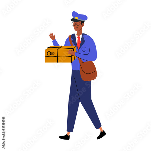 Postal worker delivering a package while greeting the neighborhood during daytime hours