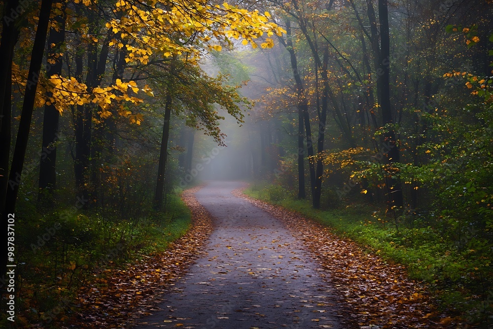 Fototapeta premium Mystical Foggy Forest Path with Golden Autumn Leaves